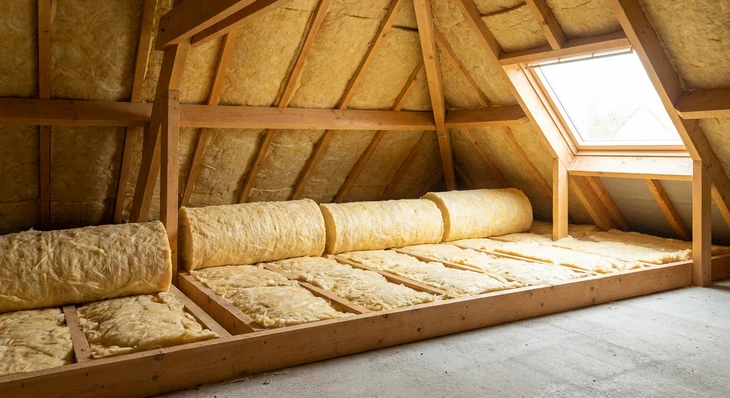 Un ouvrier installe de l'isolant en laine minérale entre les montants d'ossature bois dans un bâtiment en construction