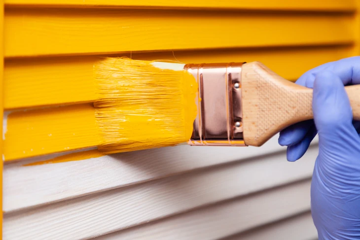 Peintre professionnel appliquant de la peinture au rouleau sur un mur extérieur